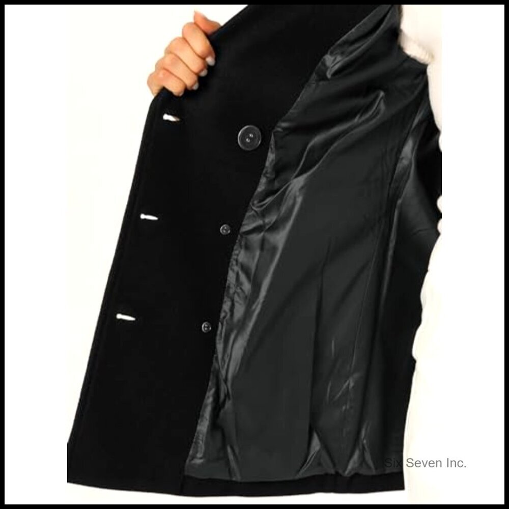 Polyester Blend Pea Coat Double Breasted Notch Lapel Mid Thigh - Picture 6 of 7